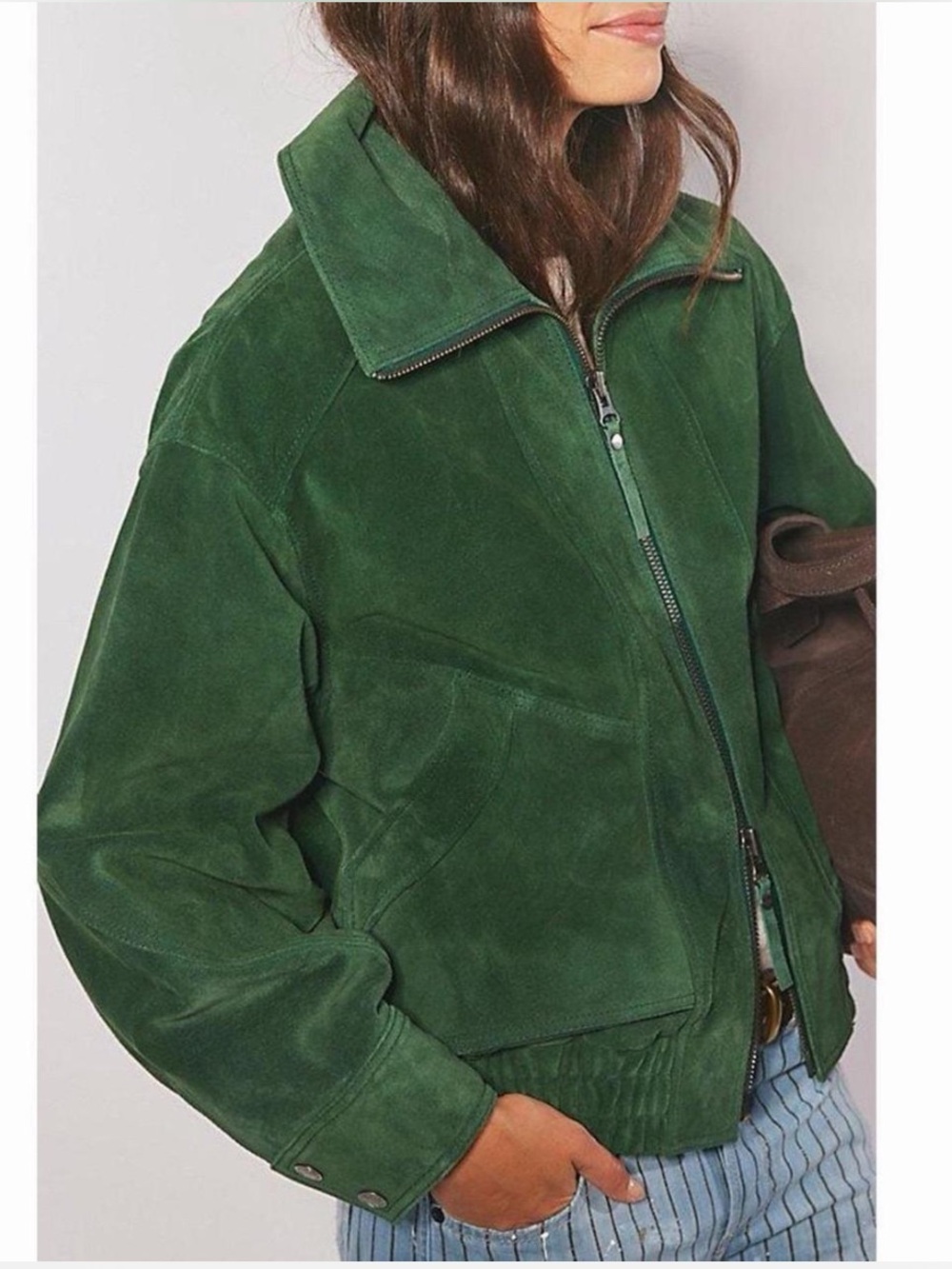 Free People We the Free Desert Moon Suede Bomber Jacket Green Grove Boho Suede